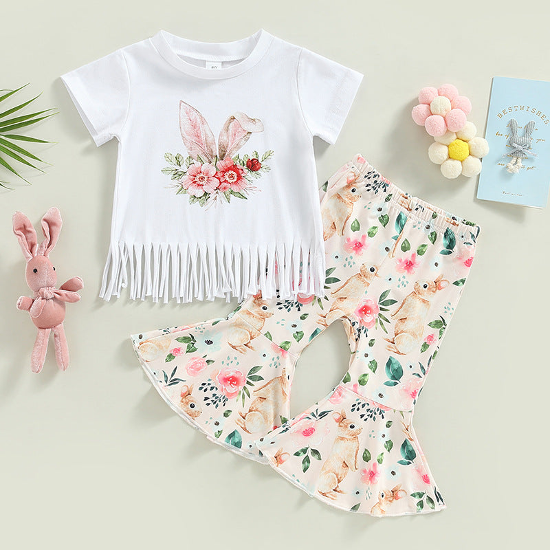Easter Bunny Print Tassel Short-Sleeve Flare Pants Two-Piece Set