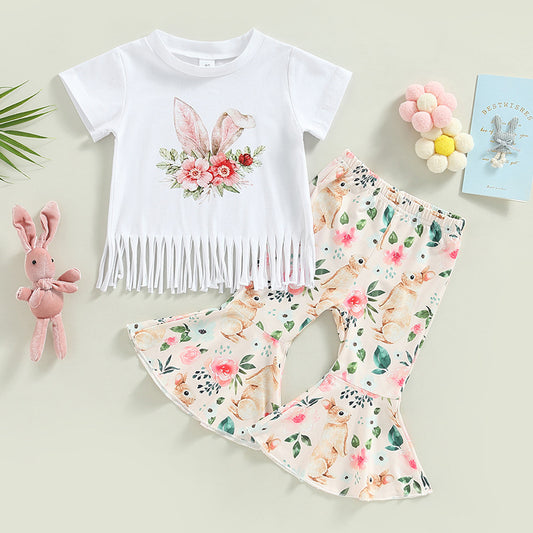 Easter Bunny Print Tassel Short-Sleeve Flare Pants Two-Piece Set