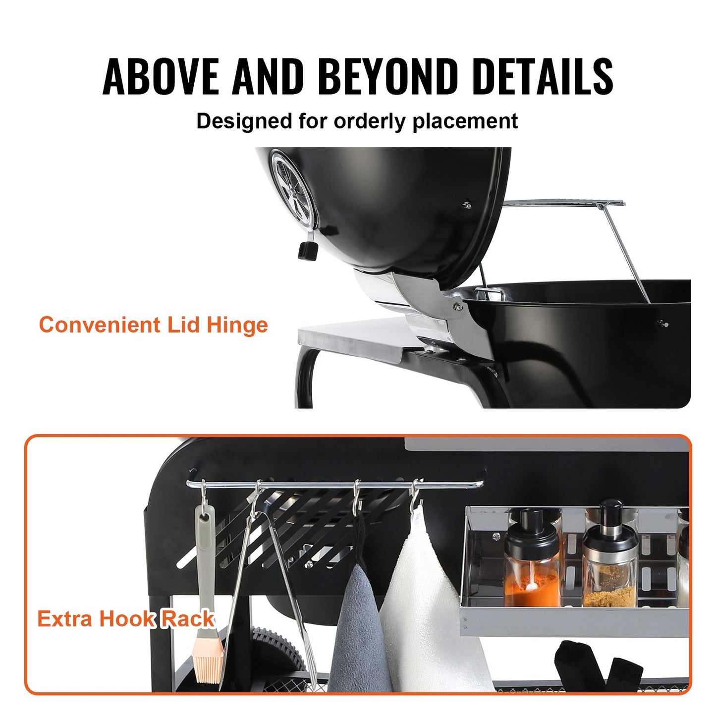 21 Inch Portable Charcoal Grill, Propane Gas Kettle Grills With Cover And Cart, Heavy Duty Iron BBQ Grill, Freestanding Smoker For Outdoor Cooking, Barbecue Camping, Picnic, Backyard Black