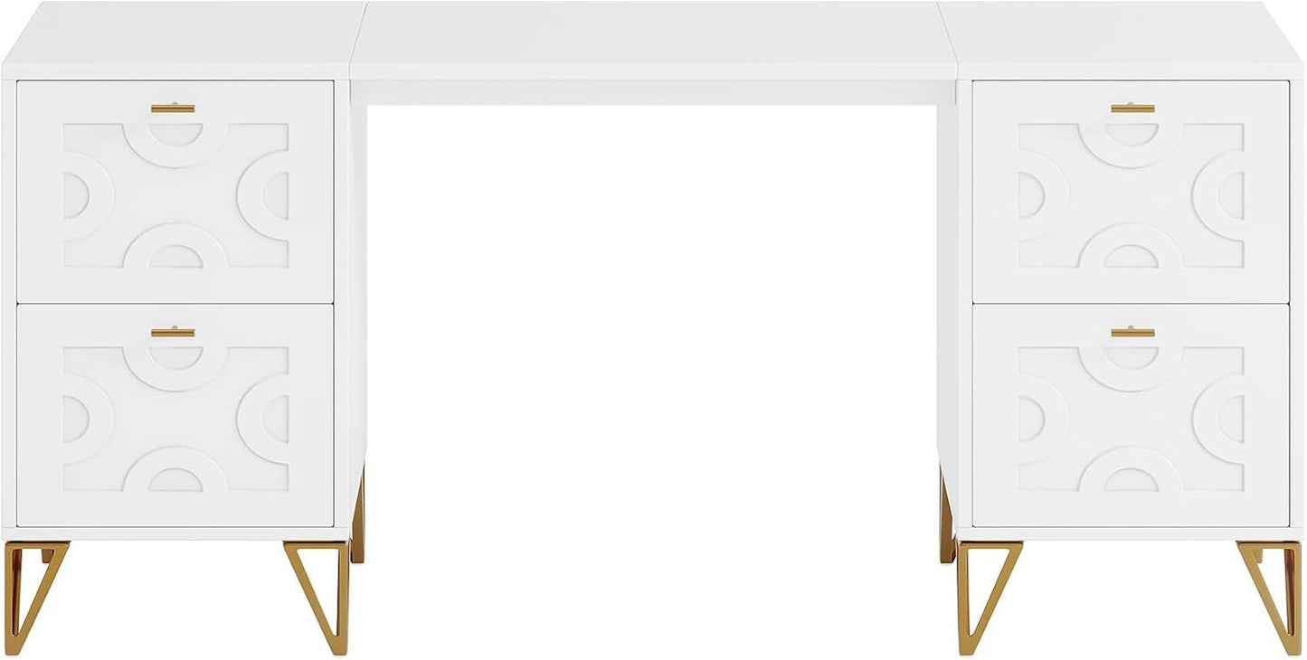 Without Mirror 59-Inch Makeup Vanity Desk With 4 Drawers, White Dressing Table With Storage, Modern Beauty Table Simple Home Office Computer Desk With Gold Legs