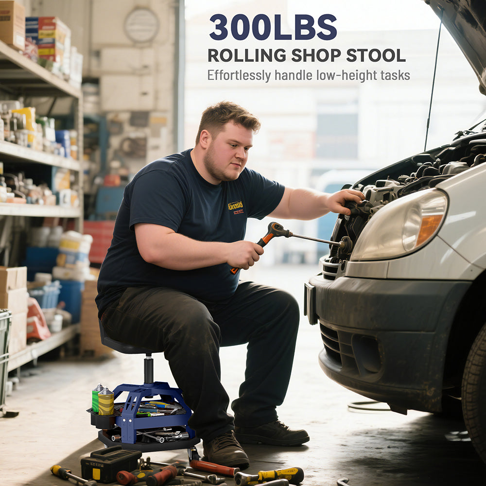 Rolling Creeper Garage Stool, 300 LBS Capacity Mechanic Stool With 360 Degrees Wheels, Tool Tray, Adjustable Height, Blue