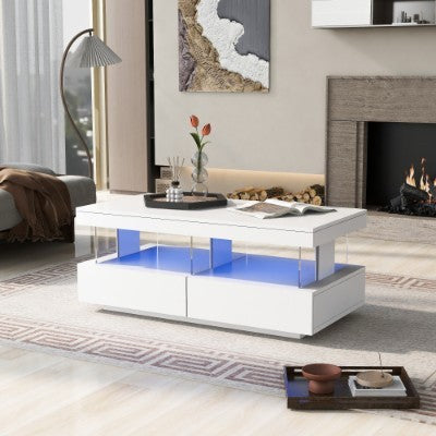 Coffee Table For Living Room, High Gloss Tea Table With 16-Color LED Lights, Coffee Table With 2 Drawers And Open Storage Space, End Table For Home Office Furniture, White