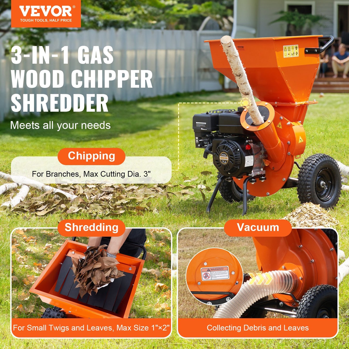 Wood Chipper Shredder Mulcher 7HP Heavy Duty Gas Powered 3” 212cc 4.1 KW