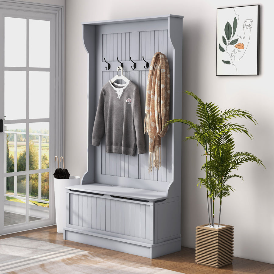3-In-1 Entryway Bench with Coat Rack, Hall Tree with Bench and Shoe Storage, 5 Hooks for Hallway