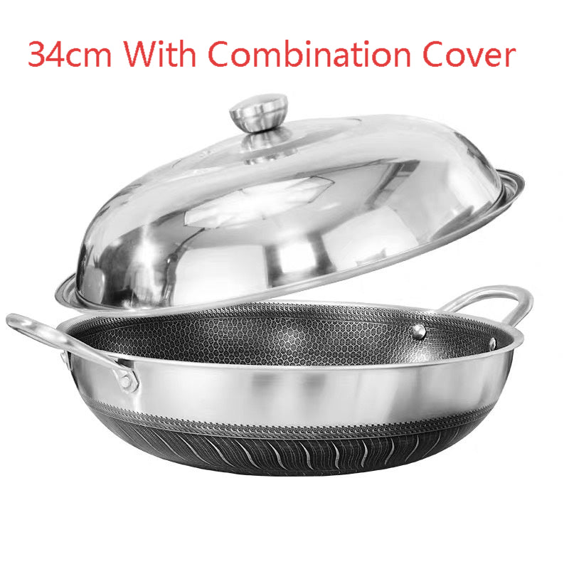 304 Stainless Steel Pot With Two Handles Honeycomb Uncoated Flat Bottom Wok