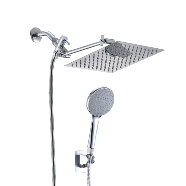Chrome Shower Head, 10 Inch High Pressure Rainfall Shower Head Handheld Shower Combo With 11 Inch Extension Arm, 6 Settings Adjustable Anti-leak Shower Head With Holder Hose, Height Angle Adjustable