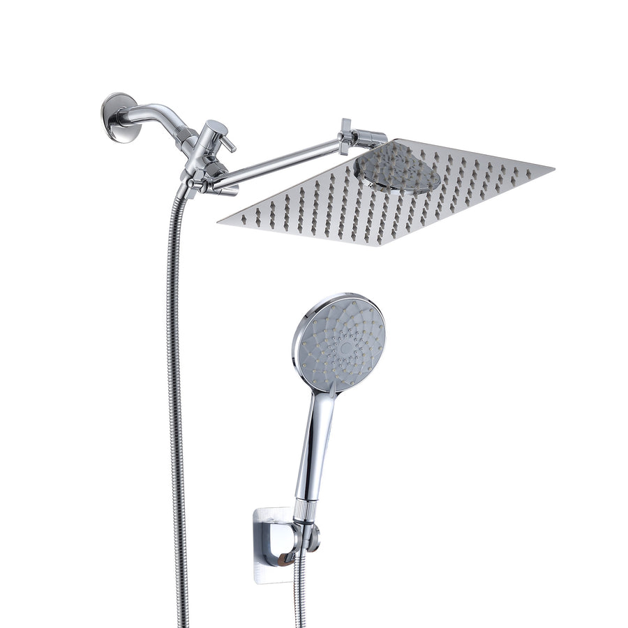 Chrome Shower Head, 10 Inch High Pressure Rainfall Shower Head Handheld Shower Combo With 11 Inch Extension Arm, 6 Settings Adjustable Anti-leak Shower Head With Holder Hose, Height Angle Adjustable