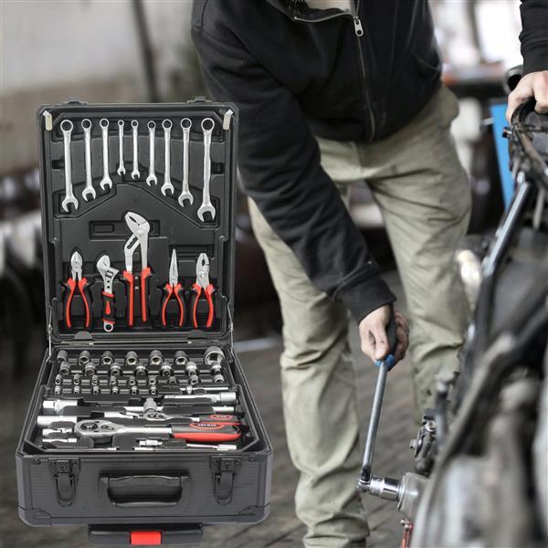 Black Manual Toolbox With 4 Layers Of Tool Sets And Wheels