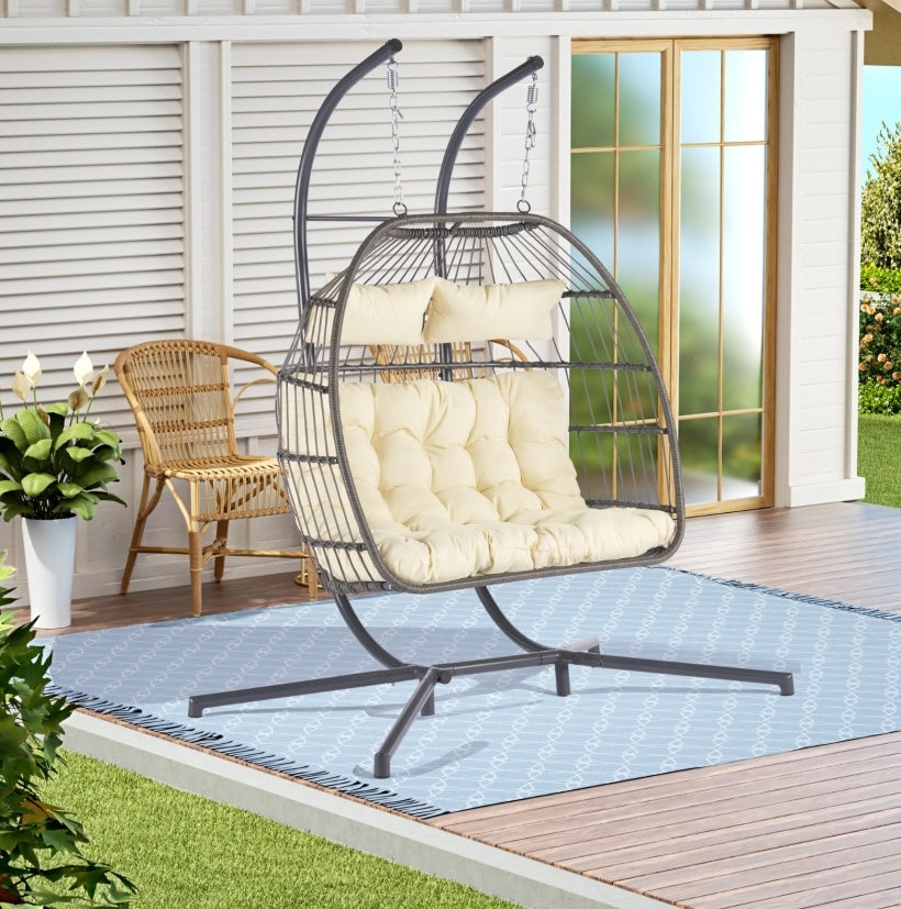 2 Person Outdoor Rattan Hanging Chair Patio Wicker Egg Chair